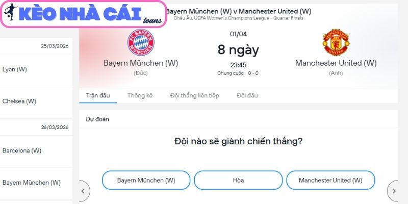 Soi kèo Bayern Munich Nữ vs Man Utd Nữ (23:45 ngày 01/04, C1 Châu Âu Nữ) 3 Kèo châu Á trận Bayern Munich Nữ vs Man Utd Nữ (23:45 ngày 01/04, C1 Châu Âu Nữ)