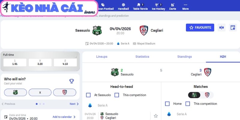 Soi kèo Sassuolo vs Cagliari (20:00 ngày 04/04, Serie A) 3 Kèo châu Á trận Sassuolo vs Cagliari (20:00 ngày 04/04, Serie A)