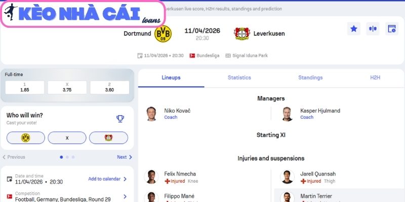 Soi kèo Borussia Dortmund vs Bayer Leverkusen (20:30 ngày 11/04, Bundesliga) 3 Kèo châu Á trận Borussia Dortmund vs Bayer Leverkusen (20:30 ngày 11/04, Bundesliga)