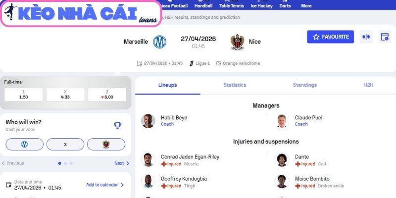 Soi kèo Olympique Marseille vs Nice (01:45 ngày 27/04, Ligue 1) 3 Kèo châu Á trận Olympique Marseille vs Nice (01:45 ngày 27/04, Ligue 1)